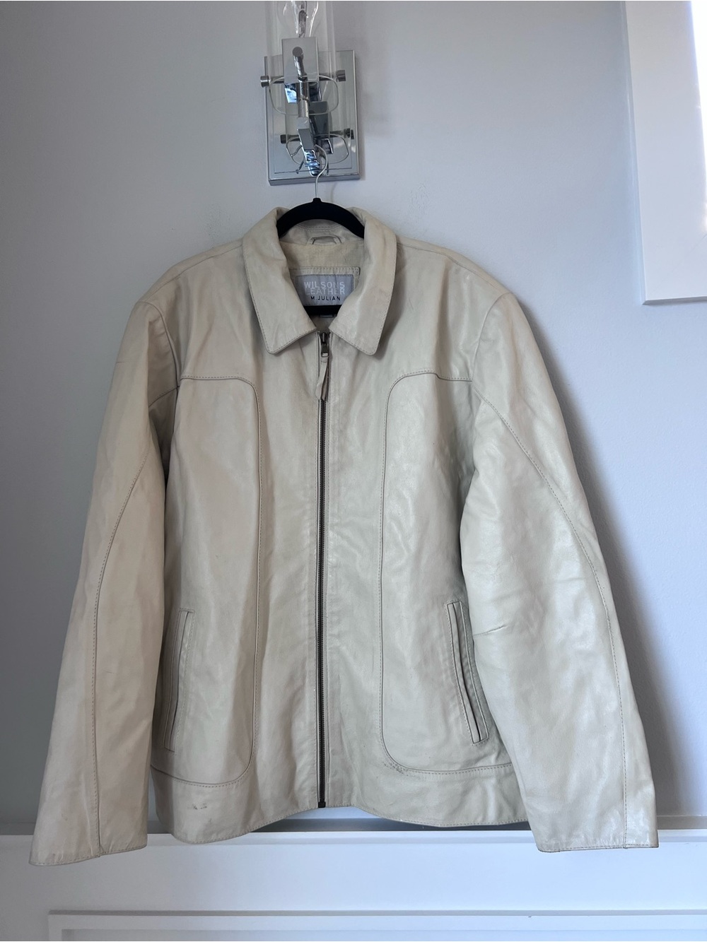 Wilsons Leather Men's Cream Zip-Front Leather Jacket